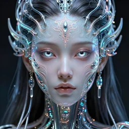 asaro head, bionic pupils!, full face frontal centered, portrait, detailed intricate symmetrical ornate!!! neon cables connected to head, clear lips, luxurious long hair, sophisticated neon wiring and implants like jewlery, translucent!!!!, porcelain, fractal, sci fi, dramatic lighting, photography, highly detailed, artstation, deviantart, 8 k, by chie yoshi