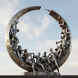 metal curved circular sculpture with gestural forms and human parts mixed together into a monumental artwork, lifting up towards heaven, style of jack storms, anthony howe, octane render, 4 k
