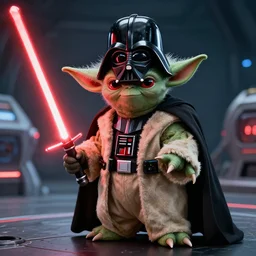 screenshot of yoda dressed as darth vader on a space ship in star wars, red light saber, trending on artstation, award winning, clear, ultra detailed