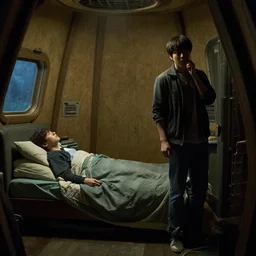 scene from a 2010s science fiction film+ now its morning again + now its night time + Seokjin wakes up to find that jungkook is not inside the cabin, he's worried where did jungkook go+ he tries to look for him everywhere but he's nowhere inside the cabin + CGSOCIETY + directed by Luc Besson +