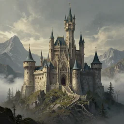 A wizard's castle high in the mountains, matte painting, concept art, by Greg Rutkowski