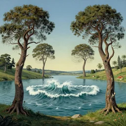 surreal landscape, surrealism, symmetrical, whirling trees, lake with waves breaking, esao andrews, victor enrich, dali