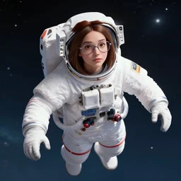 a woman with straight brown hair and glasses, floating in space. she is an astronaut, wearing a space suit, slightly chubby. well composed, clean elegant painting, beautiful detailed face. comic book art by steve ditko and jack kirby and ( alphonse mucha )