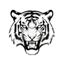 black logotype, fearless african tiger head with angry ears, very aggressive mouth, lethal eyes, as a very simple sketch in thin black ink