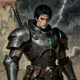 portrait of gothic and futuristic young man, warhammer, cyber armor, a lot of scars, thunderstorm, black head, red eyes, some green, the middle ages, highly detailed, artstation, in the style of moebius, jugendstil and classic japanese print, art by georges de la tour, jean delville