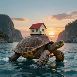 giant tortoise coming out of the sea between the mountains, sunset, it carries a small house on its shell, digital art