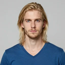 digital portrait of a skinny white male, longer blond hair and a light stubble beard, wearing a blue vneck shirt, blue eyes, little rugged, dnd, fantasy, trending on artstation