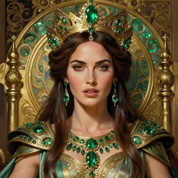 portrait of megan fox as a queen, throne, jewelry, greek, emerald, intricate, headshot, highly detailed, digital painting, artstation, concept art, sharp focus, cinematic lighting, illustration, art by artgerm and greg rutkowski, alphonse mucha, cgsociety