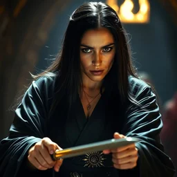 epic photo of salma hayek as beautiful wizard wearing a black satin robe and metal belt in lord of the rings with long straight black hair fighting, sweaty, detailed eyes, neutral expression, shallow depth of field, photorealistic, cinematic lighting, lovely bokeh, dungeon setting, dark moody light, strong rim light, movie quality, fire light, flames, lord of the rings 1 9 8 5, movie still