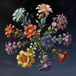 An epic fantastic realism comic book style painting of the most beautiful twirling flowers launched across the dark and starry sky, bouquets, fisheye lens, unreal 5, DAZ, hyperrealistic, octane render, dynamic lighting