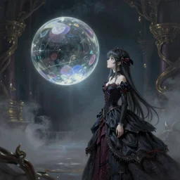 By Tom Bagshaw, ultra realist soft painting render of a curiosities carnival scene, Beautiful Albedo anime in long curvy gothic dress watching an octane render of a floating transparent glass sphere, reflection and refraction, gods ray, symmetry accurate features, very intricate details, deep fog, dark fantasy background, artstation