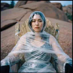 a color photograph, closeup portrait of a woman wrapped in plastic, sitting on a throne, in rocky mountain national park in colorado, color photograph, by vincent desiderio, canon eos c 3 0 0, ƒ 1. 8, 3 5 mm, 8 k, medium - format print