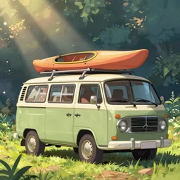 camper van with kayak on the roof, studio ghibly style, vibrant colors, intricate details,