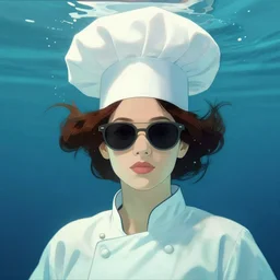 women portrait, chef hat on top of head, wearing sunglasses, under water, 8 k, art station, greg rutkowski, alphonse mucha, roger deakins, wlop