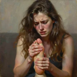Woman in pain after stubbing her toe badly, hurting, oil painting, photorealism
