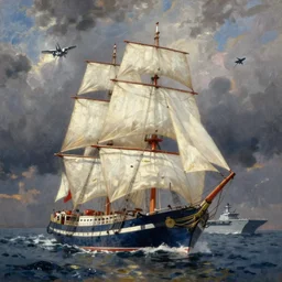the bluenose schooner is being attacked by an american aircraft carrier. oil painting by richard willis