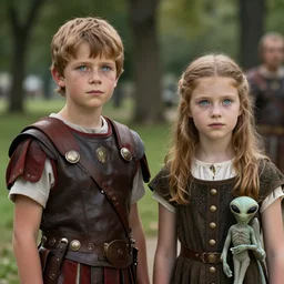 sharp, highly detailed, still from a 2 0 1 9 sci fi 8 k movie, time travelers appear in a park, a boy from the roman empire and a girl with her pet alien from 1 8 7 0, each wearing correct era clothes, atmospheric lighting, in focus, reflective eyes, 3 5 mm macro lens, nice composition