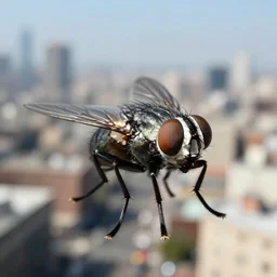 big eye flies above the city, photorealistic
