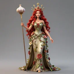 cell shaded humanoid onion goddess, flower vine dress, crown, artstation, 4 k gorgeous, smiling, red hair regal, garlic scepter