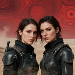 cinestill 5 0 d photographic portrait of two loving female androids wearing rugged black techwear on a desolate plain with a red topographic pattern sky, extreme closeup, cyberpunk style, dust storm, 8 k, hd, high resolution, 3 5 mm, f / 3 2, ultra realistic faces, ex machina