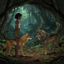 cave interior showing a female african wolf saying good bye to male african wolf as he leaves the cave to go hunting in the evening in an african rainforest, concept art, fine details, rainforest, art by wlop, satoshi kon, tim okamura, karol bak, cinematic lighting, volumetric lighting, subtle shadows, slight depth of field