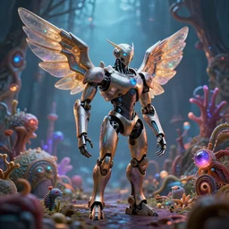 friendly Cyborg with tehnco wings on a luminescent biome, oddities everywhere, enchanted, magical,  cinematic shot, intricate, ornate, photorealistic, ultra detailed, realistic, 100mm, photography, octane, high definition, depth of field, bokeh, 8k, behance, artstation