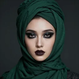 a beautiful woman with layers of dark green cloth wrapped around her head, dark eyeshadow, high detail, black dark aesthetic, realistic, epic style