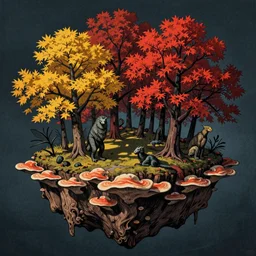 ancient creatures, by gediminas pranckevicius, by james gilleard, dark shadows, autumn, red and yellow trees, woodblock, split - complementary - colors, polished, tremella - mesenterica, mycelium, on a floating island