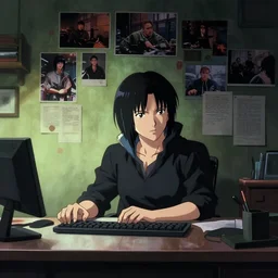 a cinematic shot from the film of the ( ( ( ( cyberpunk ) ) ) ) detective's desk and wall with ( ( ( ( crimescene photos, cases and notes ) ) ) ), in the style of the science fiction anime film, trending on artstation