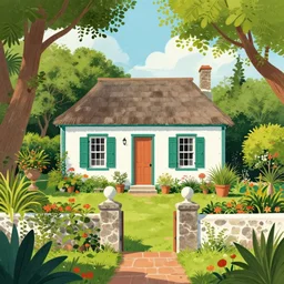 a typical house in a creole garden from reunion island, illustration by jamie mckelvie, jamie mckelvie, jamie mckelvie, jamie mckelvie, jamie mckelvie, jamie mckelvie, trending on artstation