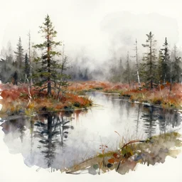 watercolor speed painting of scandinavian bog, reflective, fog, ambient lighting, art by anders zorn, wonderful masterpiece by greg rutkowski, sloppy and quick, mockup, paint smear, paintbrush strokes, bold brush