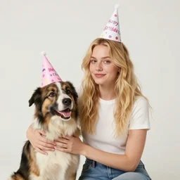 blonde thirty years old balthazar and his dog okko with birthday hats, celebrating a birthday party in a forest, with cakes slices and kayaks, with a lighthouse in the background