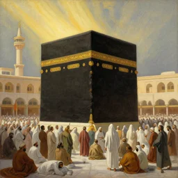 painting of the kaaba on hajj day, highly detailed, volumetric lighting, god rays, by gustave dore and john collier
