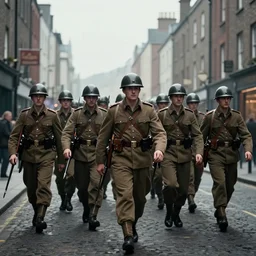 irish rebel soldiers marching down a street in dublin 1 9 1 6, 4 k, concept art, by wlop, ilya kuvshinov, artgerm, krenz cushart, greg rutkowski, pixiv. cinematic dramatic atmosphere, sharp focus, volumetric lighting, cinematic lighting, studio quality