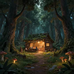 A landscape with a quiet tavern in the middle of a forgotten magical forest, large trees, mushrooms, warm lighting, inviting, enchanting, rendered by simon stålenhag, rendered by Beeple, Makoto Shinkai, syd meade, environment concept, digital art, unreal engine, 3 point perspective, WLOP, trending on artstation, low level, 4K UHD image, octane render,