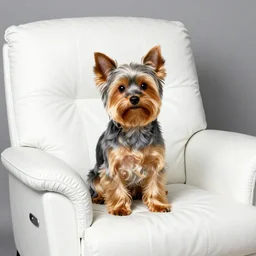 gray Yorkie dog sitting on a white leather recliner, extremely detailed masterpiece, illustration, by Michael Sowa,