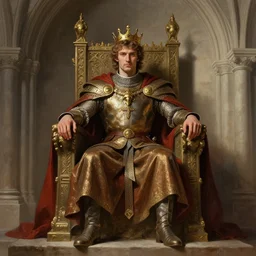bradley james as attractive king arthur pendragon, sat in his throne, big arches in the back, very detailed digital painting, by gaston bussiere, craig miller, j. c. leyendecker
