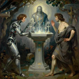 a painting of cyborg philosopher skrying the techno altar by gustav moreau, jean delville and  Gaston Bussiere