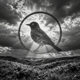 symbolic bird with circle around it by karl gerstner, monochrome, symmetrical