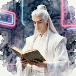white haired elven man wearing a fine white robe and reading a book, hyperrealistic, subject in center of frame, neonpunk, watercolor portrait by rembrandt and kim jung gi, jan van eyck, artstation, deviantart