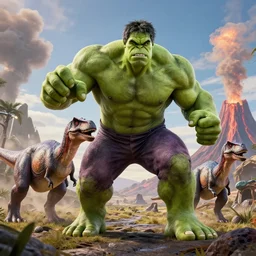hulk try to stop meteor for saving dinosaur at mesozoic era theme, high detailed, ultra realistic, cinematic, volcanic background n - 4