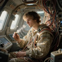 beautiful man in spaceship interior covered with tubes wires by beksinski, soft bloom glow lucid dream - like atmosphere, baroque painting, perfect composition, detailed octane render trending on artstation, 8 k artistic photography, volumetric cinematic perfect light, chiaroscuro, masterpiece, raphael, caravaggio, beksinski, rutkowski, beeple