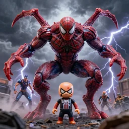 hyperrealistic rendering, epic boss battle, cronenberg flesh monster mutant spider man, by art of skinner and richard corben, product photography, collectible action figure, sofubi, hottoys, storm clouds, outside, lightning