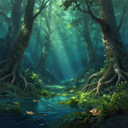 a forest under the ocean, with algae and some swimming poisons, the roots of the trees are apparent, dead leaves float on the surface of the sea, the rays of light reach the ground, painting by goro fujita, focusing sharp point, very detailed, artstation