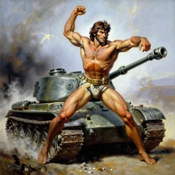 an oil painting of tarzan fighting with a tank, by frank frazetta