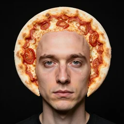 portrait of man with a rare facial deformity making the head flat and circular like a pizza, head looks exactly like a pizza, doughy skin with white pores, blemishes look like tomatoes, soft lighting, sharp focus, highly symmetrical, black background, masterpiece by joe mcnally