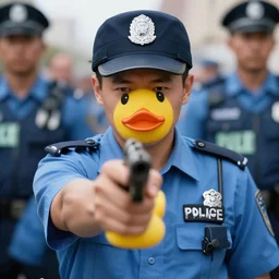 closeup portrait of of a police raid arresting a rubber duck, gunpoint, photograph, world press photo, natural light, sharp, detailed face, magazine, press, photo, steve mccurry, david lazar, canon, nikon, focus