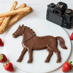 edible horse made of chocolate pudding, strawberries and breadsticks from the beautiful'food art collection ', dslr