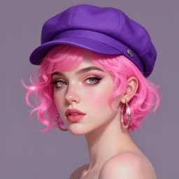 portrait of vanessa morgan with bright pink hair, curly pixie cut hair, wearing a purple breton cap, breton cap, hoop earrings, intricate, elegant, glowing lights, highly detailed, digital painting, artstation, concept art, smooth, sharp focus, illustration, art by wlop, mars ravelo and greg rutkowski
