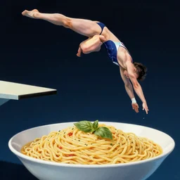 olympic diver diving from springoard into a dish of pasta, detailed surrealist art, artgerm